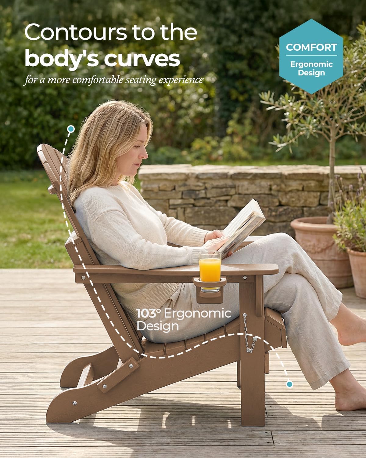 Wood Texture HDPE Foldable Cup Holder Adirondack Chair