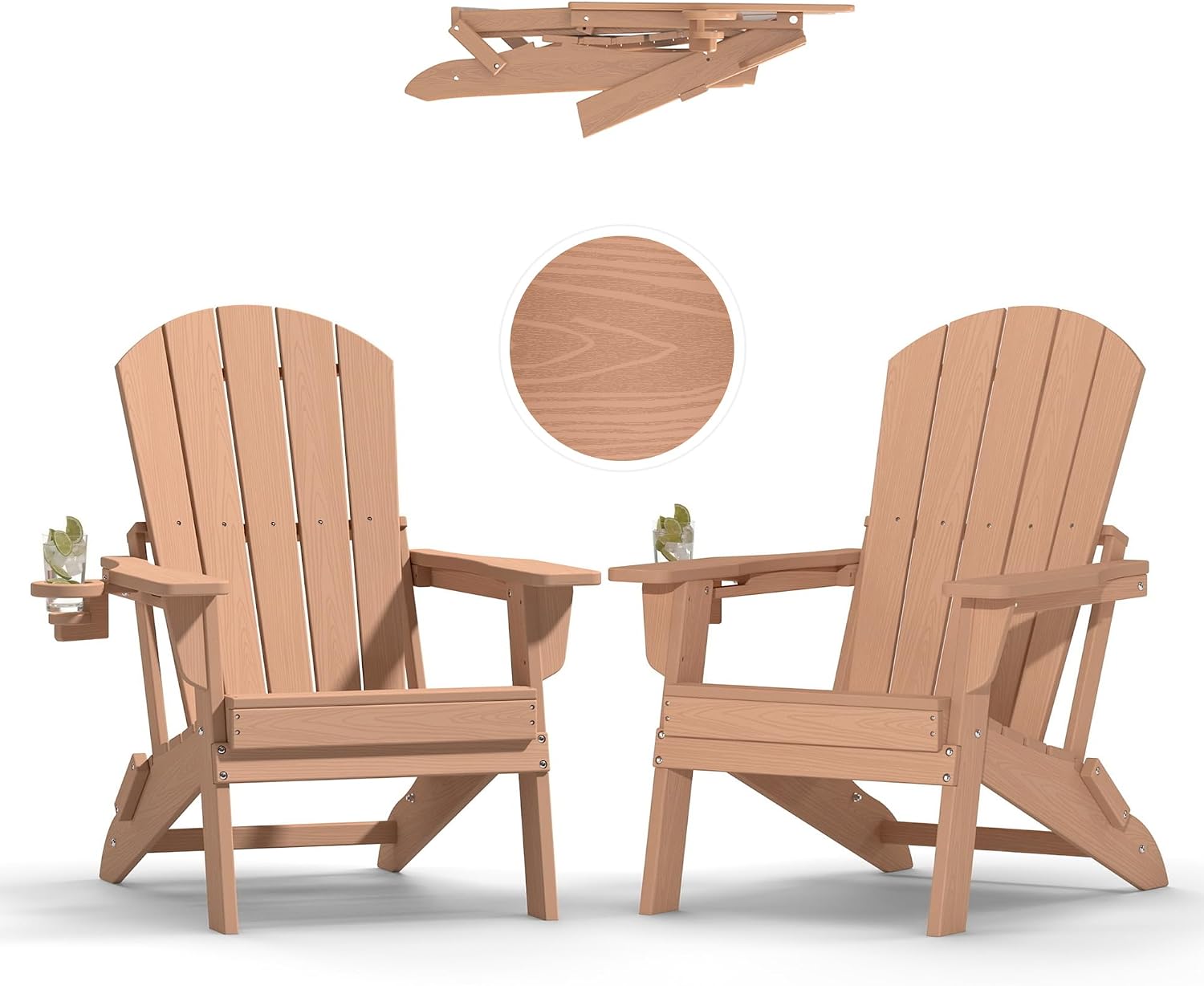 Wood Textured HDPE Adirondack Set 2 Cup Holder