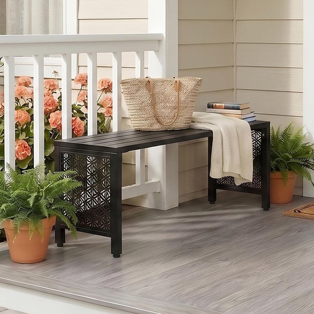 Slatted Floral Metal Backless Outdoor Patio Bench