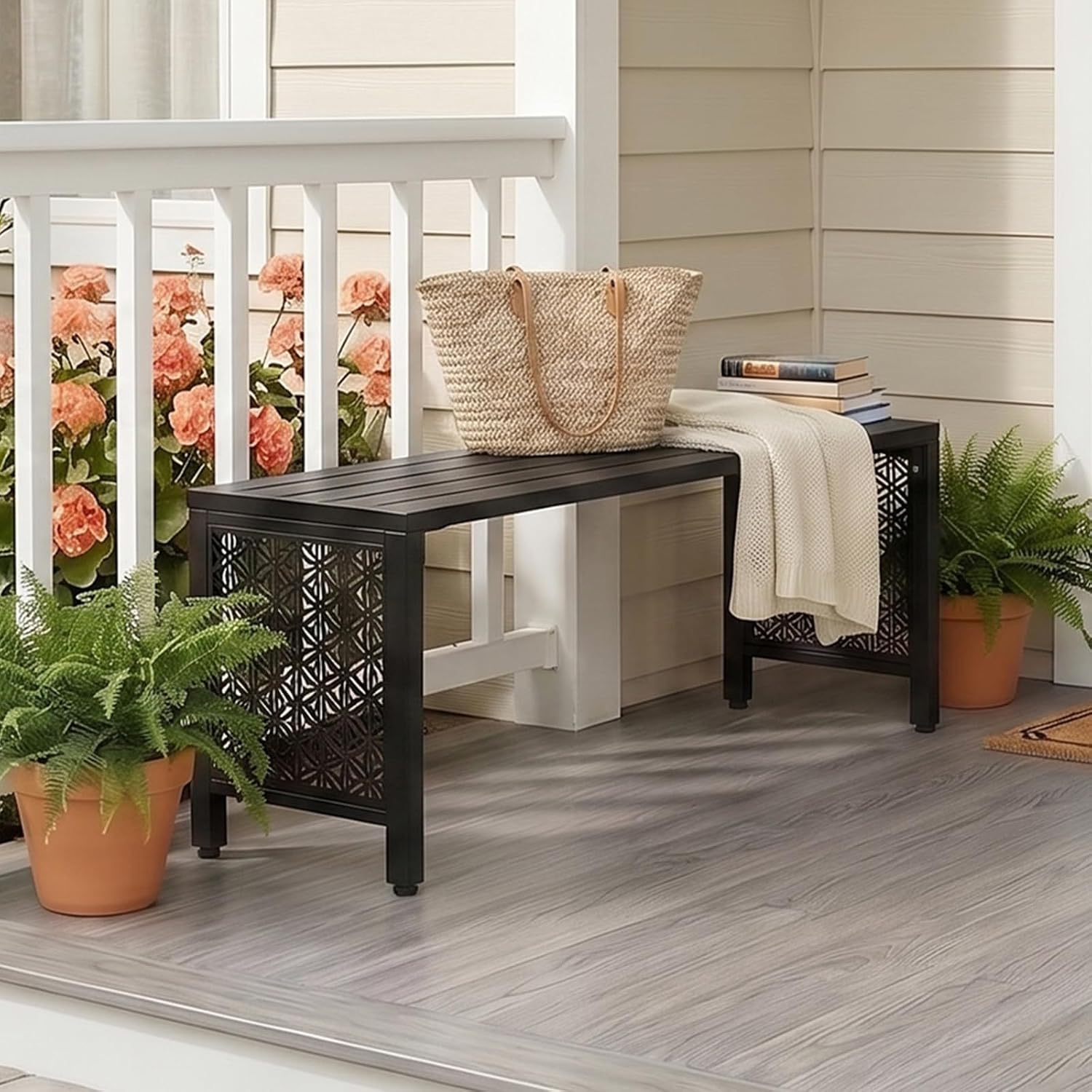 Slatted Floral Metal Backless Outdoor Patio Bench