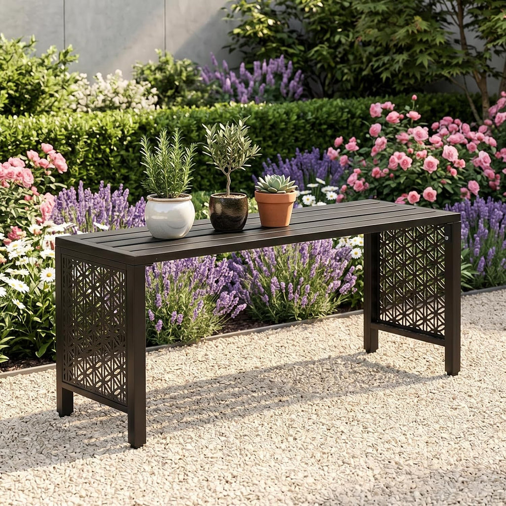 Slatted Floral Metal Backless Outdoor Patio Bench