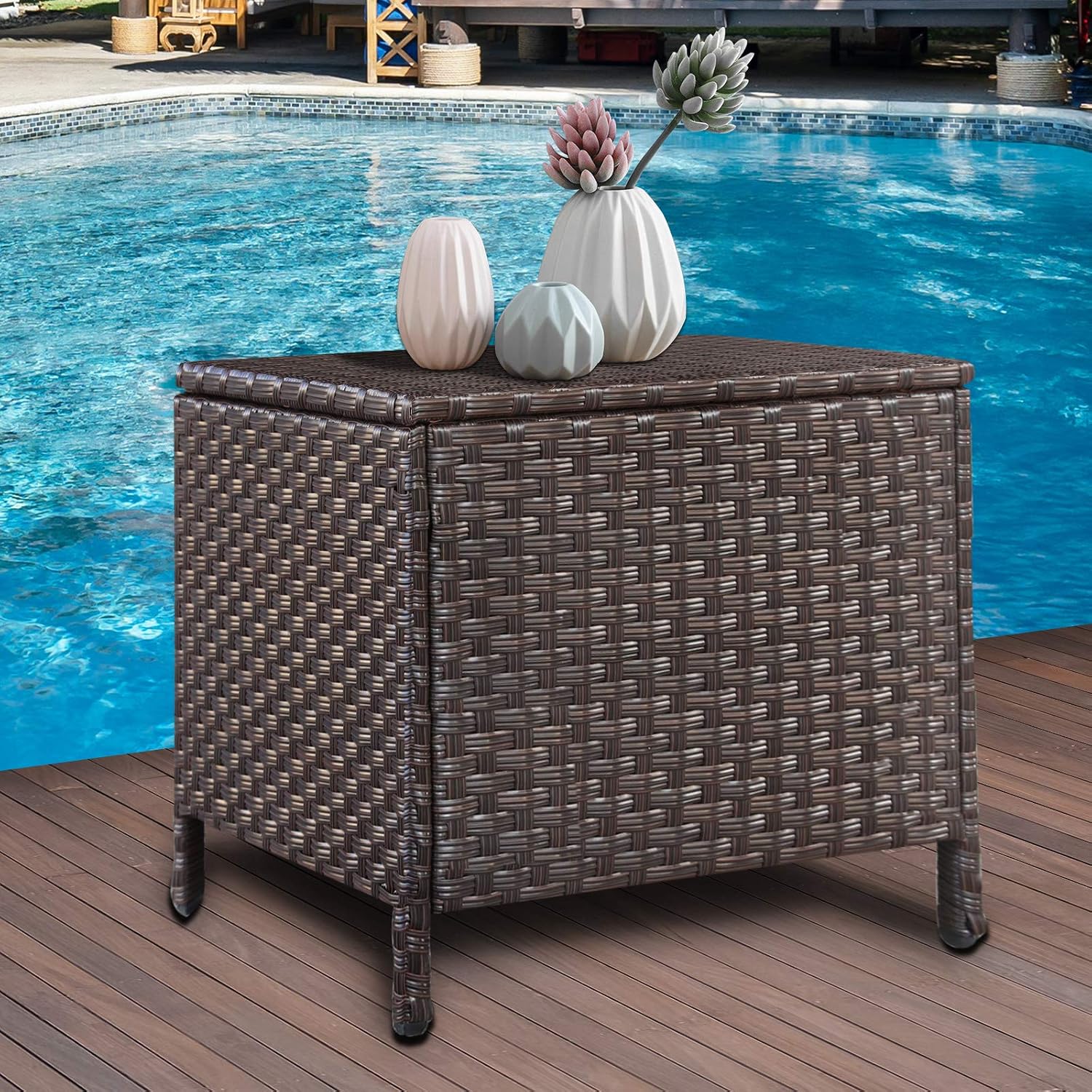 Square PE Wicker Outdoor Storage Patio Side Table