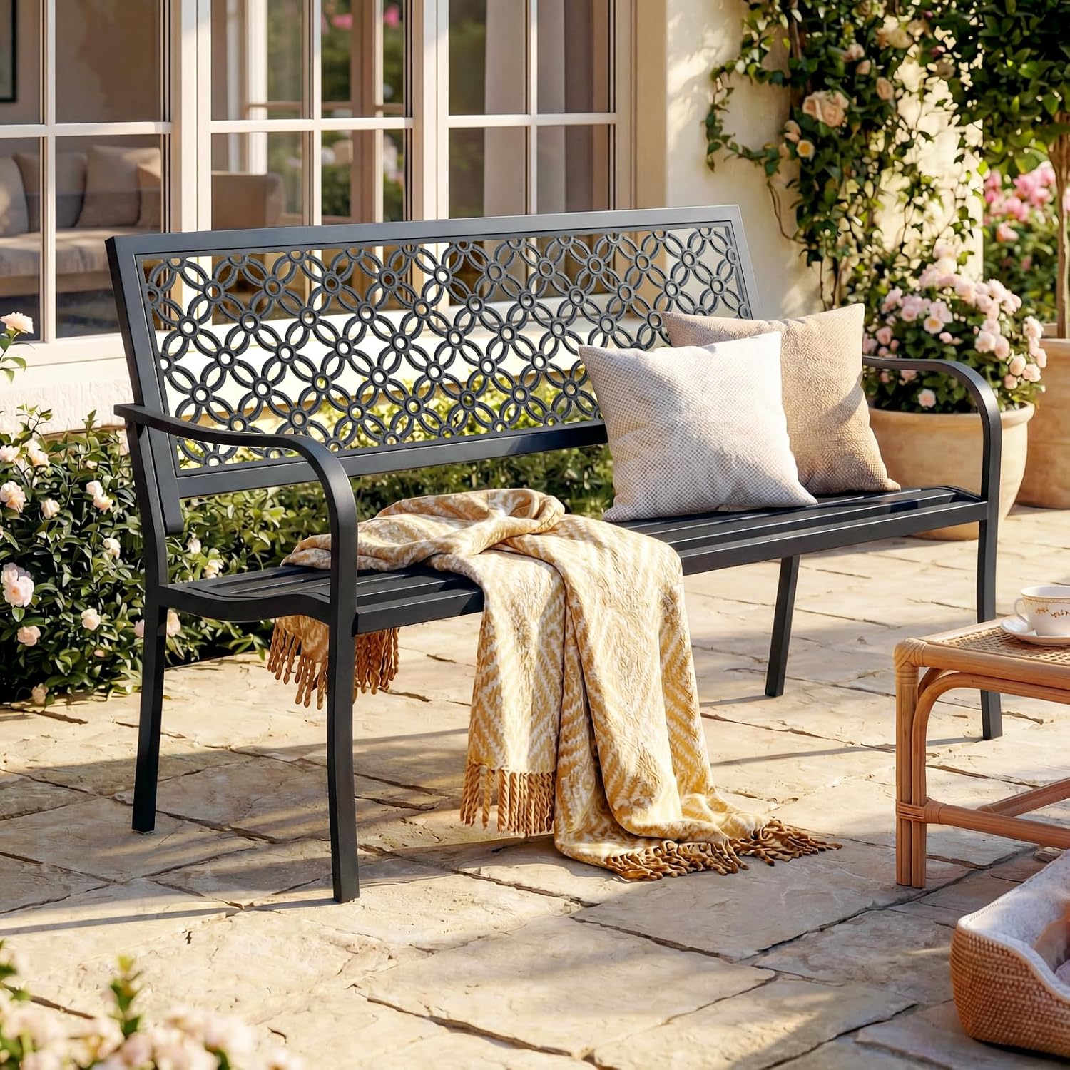 Galvanized Metal Floral Backrest Heavy Duty Outdoor Bench