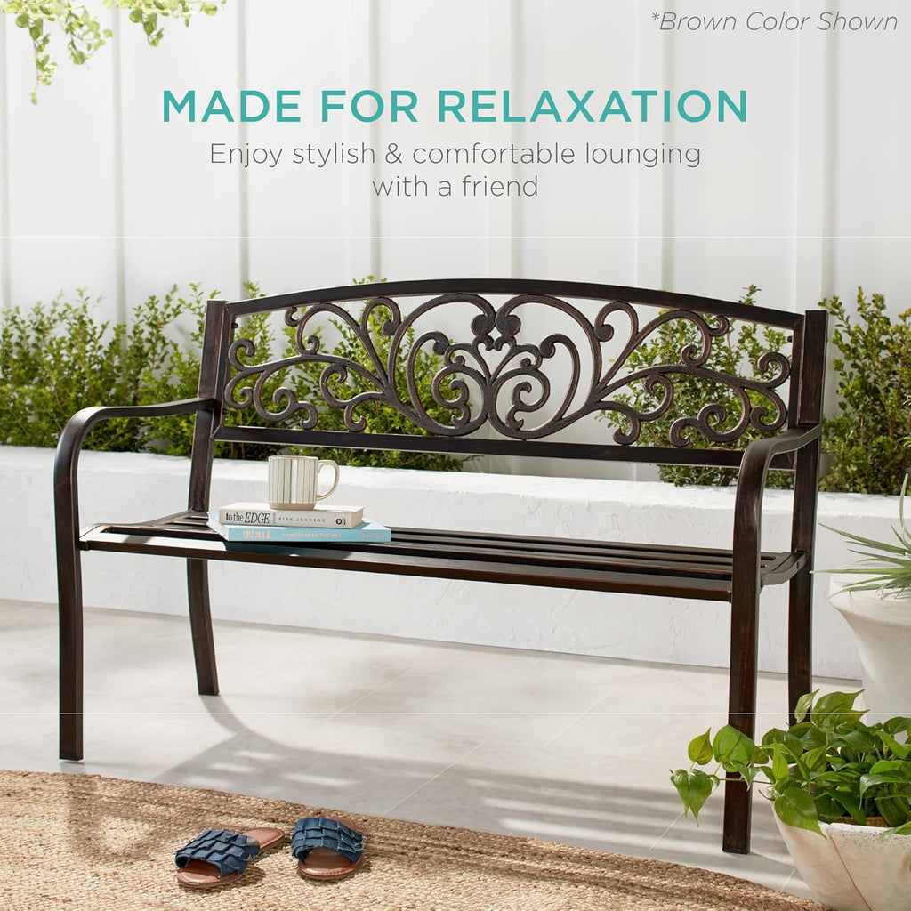 Steel Floral Design Outdoor Slatted Patio Bench